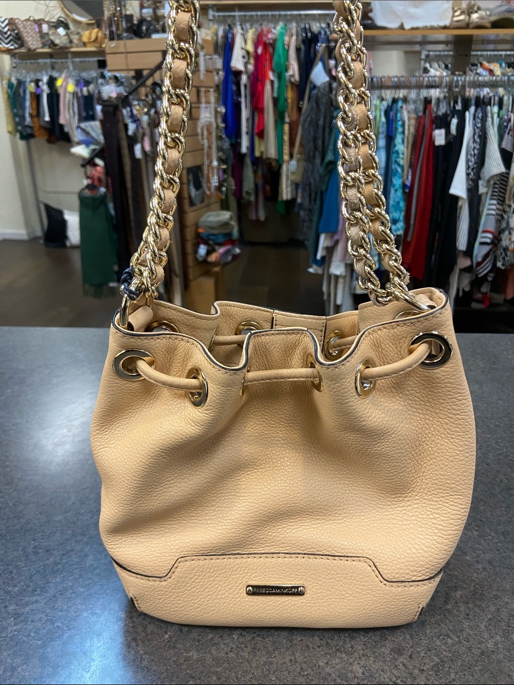 Rebecca Minkoff Tan Pebbled Leather Drawstring Bucket Bag with Gold Chain